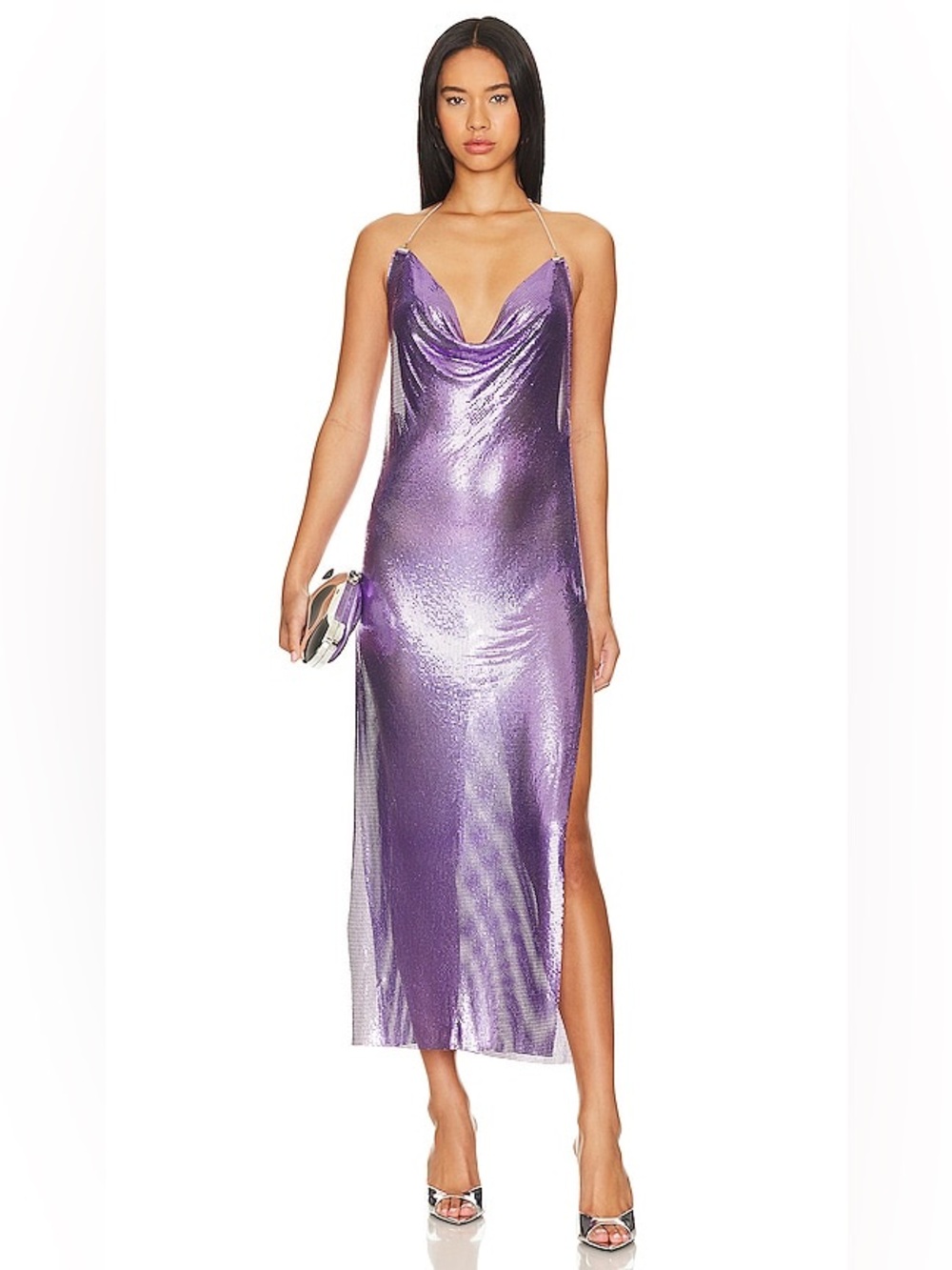NEW 8 Other Reasons Purple Halterneck Open Back Metal Midi Chain Dress Festival